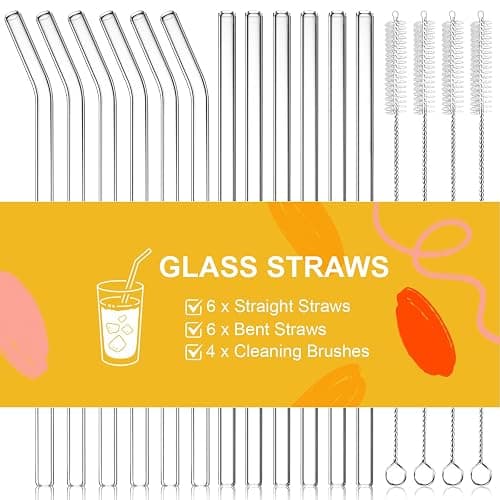 CEDIDJAC 16 PCS Reusable Glass Straws Set 6 Straight & 6 Bent Clear Drinking Straws (8.5''x10mm) with 4 Cleaning Brushes,Perfect for Smoothies, Milkshakes, Coffee, Juice, Milk, Cocktails - Image 1