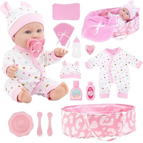 ZITA ELEMENT 12″ Baby Doll Sleeping Basket Set in Gift Box - 13 Piece Soft Baby Doll with Accessories, for Girls Ages 3+ - Image 1