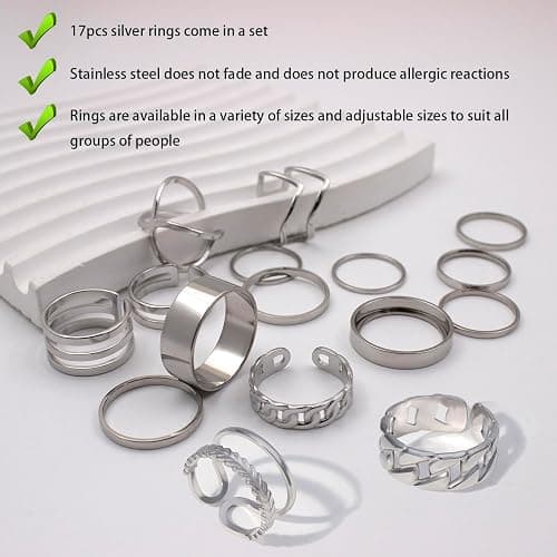 PINCHUAN 17PCS Silver Knuckle Rings for Women Stainless Steel Rings Set Midi Stackable Rings Simple Smooth Finger Rings Silver Adjustable Rings Jewelry Gift thumbnail 2