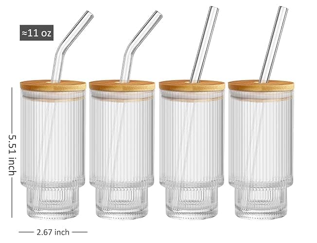 ALINK Glassware 4pcs Set,Water Drinking Glasses Cups 11 oz with Bamboo Lids and Glass Straws, Vintage Iced Coffee Cups, Origami thumbnail 3