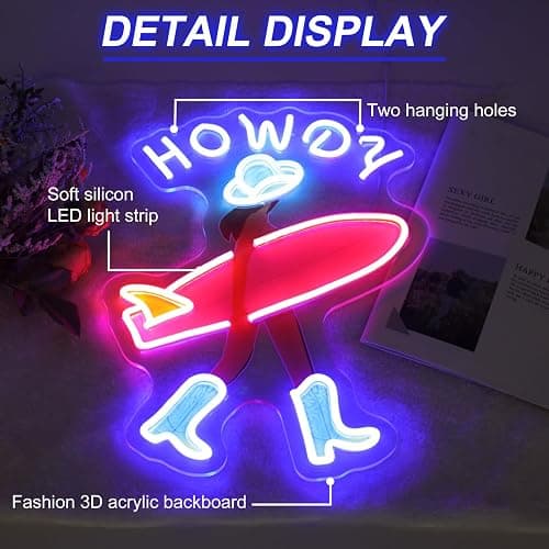 Howdy and Aloha Cowgirl Surf Girl Neon Sign, Howdy Cowgirl wall decor LED Light, Girly Wall Art Neon Sign, Coastal Cowgirl Brown Haired, 11.9"x16.5" thumbnail 5