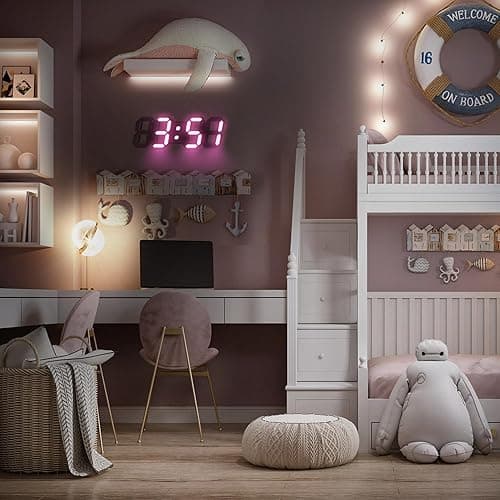 COVERY Pink Digital Wall Clock, 3D LED Desk Clocks, 10 '' Large Numbers for Girl Room - Alarm, Snooze, Temperature, Remote, Nightlight, Auto Brightness Lights, Valentines Gift - 10'' Pink Light Led Clock With Remote Control thumbnail 2