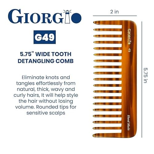 Giorgio G49 Large 5.75 Inch Detangling Comb, Wide Teeth for Thick Curly Wavy Hair. Long Hair Detangler Comb For Wet and Dry. Handmade of Quality Cellulose, Saw-Cut, Hand Polished, Tortoise Shell thumbnail 3