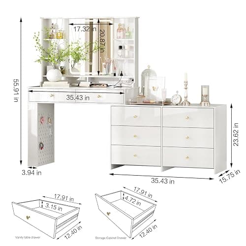 Ieejdn Makeup Vanity Desk with Mirror and Lights, Vanity Desk with 8 Drawers & Storage Shelves, Vanity Table with Power Outlet, 3 Color Modes & Adjustable Brightness Dressing Table, Bedroom,White thumbnail 2