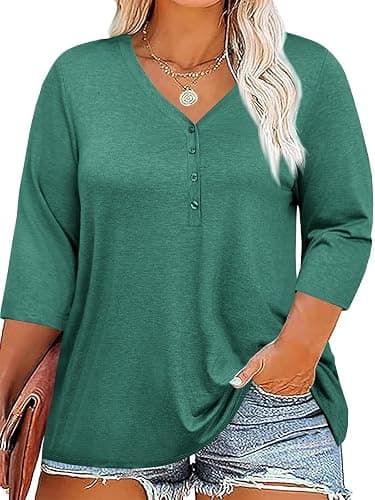 Tankaneo Women Plus Size Tops V Neck 3/4 Sleeve Casual T Shirts Loose Basic Tunic Tees - Image 1
