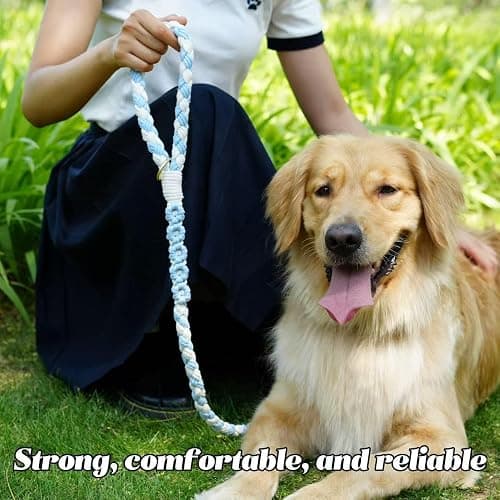 Handmade 5ft Braided Cotton Dog Leash with Unique Floral Handle, Durable and Stylish, Ideal for Small to Large Dogs,Blue & White Color thumbnail 5