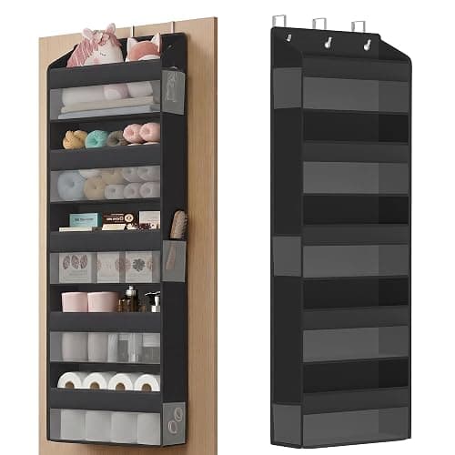SONGMICS Over-the-Door Organizer, 5-Tier Door Hanging Storage Shelf, Heavy-Duty Closet Hanging Organizer Foldable, Transparent, Pockets, Metal Hooks, Ink Black URDH010BH01 - Image 1