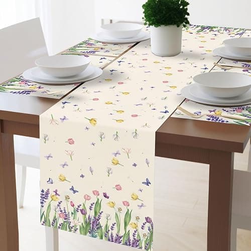 VitalCozy 7 Pcs Spring Table Runner and Placemats Tulip Table Runner Placemats Set 72 x 13 Inch Linen Easter Farmhouse Rustic Floral Lavender Tablecloth for Spring Easter Summer Party Decoration thumbnail 6