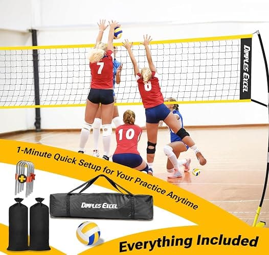 Dimples Excel 12x8 FT Portable Volleyball Net Set,4 Adjustable Heights Set | For All Ages & Skill Levels, Indoor Outdoor Backyard Beach Gym, Includes Ball Pump Sandbags Carry Bag, 5 Min Fast Setup thumbnail 7