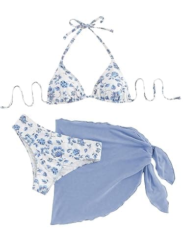 SHENHE Women's 3 Piece Floral Bikini Set with Wrap Coverup Halter Triangle Swimsuits - Image 1