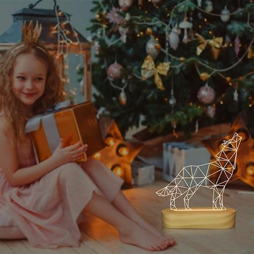 Wolves Gifts,3D Optical Illusion Wolf Lamp Animal LED Night Light for Kids Boys Men Bedroom Decoration,USB Power Warm White Color Table Lamps,Yellow thumbnail 4