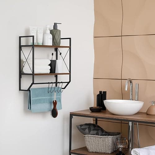 Bathroom Towel Rack 2 Tier Wall Shelf with Towel Bar, Rustic Towel Rack with Shelf for Wall Storage Shelves with Hooks Over Toilet Shelf Wall Mounted Towel Holder Shelf Floating Shelves for Home Brown thumbnail 6
