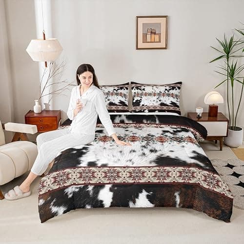 Castle Fairy Cowhide Full Size Comforter Set,Western Cow Skin Fur Print Brown Bedding Comforters Bedroom Collection,Exotic Aztec Tribal Southwest Bedding Set for Girls Teens thumbnail 2