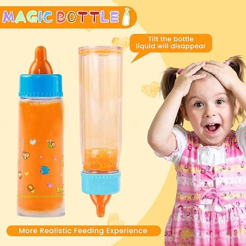Kaydora Baby Doll Bottle Accessories - 6 Pcs Feeding Bottle Toys, Magic Disappearing Milk & Juice, Pretend Play Set with Pacifiers Kids Gift Yellow thumbnail 4