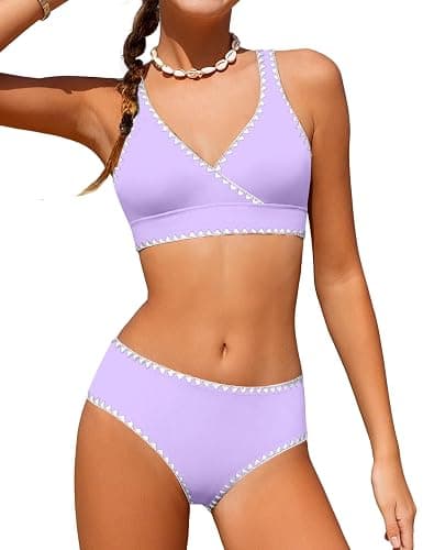 KANGKANG Girls Swimsuit Bikini Set Solid Color V-Neck Two Piece Bathing Suit with Chest Pad Adjustable Straps Swimwear 7-16T - Image 1