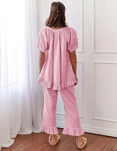 Flygo Womens Plaid 2 Piece Pajamas Sets Gingham Button Down Puff Sleeve Babydoll Shirt Ruffle Pants Y2K Pjs Lounge Set thumbnail 5