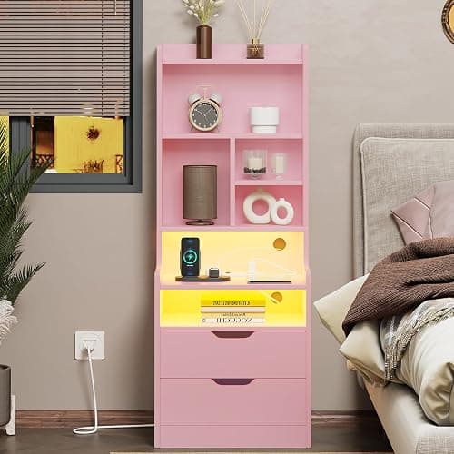 ADORNEVE Tall Nightstand Set of 2 with LED Lights,Pink | Tall Night Stand with Charging Station and Bookshelf,Bedside Table with Drawers,Side Tables Bedroom thumbnail 7