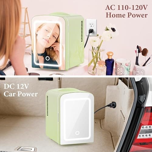 Xbeauty Skincare Mini Fridge With Dimmable LED Mirror, 4L Mini Makeup Refrigerator for SkinCare, Cosmetics, Food & Drinks, Portable Small Refrigerator for Bedroom, Dorm, Car, Office, Green thumbnail 6