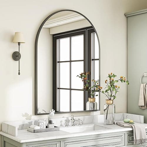 VooBang Arched Wall Mirror, 30 x 38 inch Arch Bathroom Mirror, Wall Mounted Vanity Mirror with Arch Metal Frame, Modern Bathroom Vanity Mirror for Bedroom, Living Room, Hanging or Leaning, Black thumbnail 7