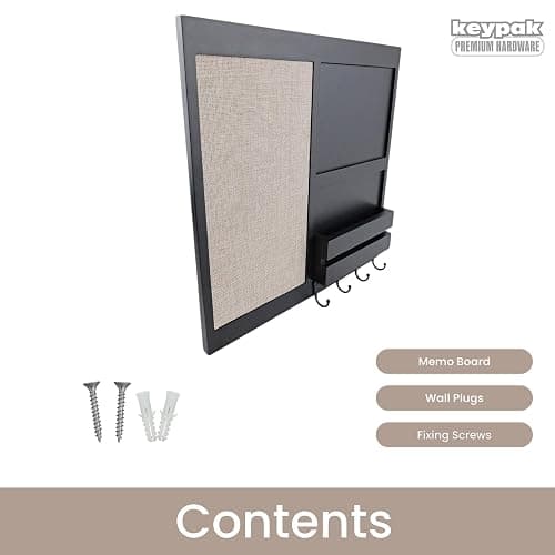 keypak Wall Mounted Memo Board with Shelf & Letter Holder - Black Chalkboard Organiser With 4 Key Hooks For Hallways, Kitchens & Entryways thumbnail 3