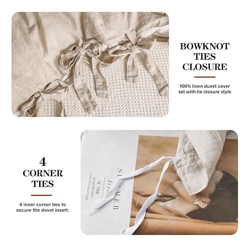 Simple&Opulence 100% Linen Duvet Cover Set, 3 Pieces Belgian Flax Breathable Bedding, Queen Size 88''x92'' (1 Comforter Cover+2 Pillowshams) with Tie Closure Style,Linen thumbnail 2