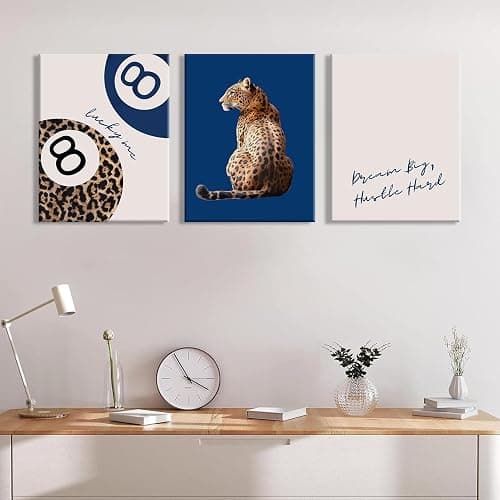 Navy Blue 3 Pcs Leopard Print Canvas Wall Art Cheetah animal prints 8 Ball Lucky Me pictures Trendy Wall decor Y2k aesthetics painting artwork for Apartment Dormitory College Decoration 12x16in thumbnail 4