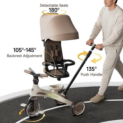 Kids Tricycle, 6 in 1 Baby's Toddler Trike with Adjustable Handle(Coffee) | Reversible Seat and Canopy, Baby Stroller for 1-6 Year Olds, All-Terrain Wheels, Best Gift Suitable for Outdoor Activities thumbnail 6