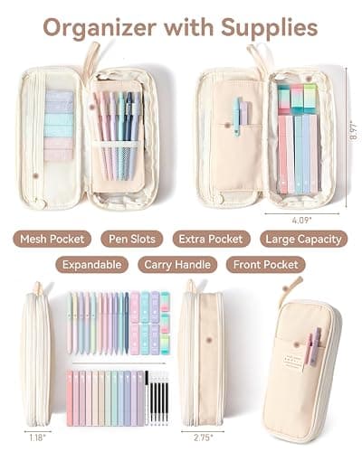 Four Candies 39 PCS Aesthetic School Supplies with Cute Pen Case, 12 Pastel Highlighters, 5 Black Ink Gel Pens, 6 Mechanical Pencils Set for Students Stationery College Essentials, Cream thumbnail 3