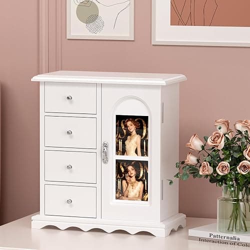 VINGLI Jewelry Box with Photo Frame, White Jewelry Organizer for Women, Arched Wooden Keepsake Case with 4 Drawers, Rotating Necklace Hooks & Velvet Lining, Vintage Gift for Girls Bedroom - Image 1