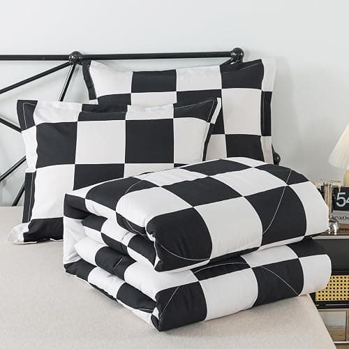 Caressma Black White Plaid Comforter Set Full Size, Buffalo Check Plaid Comforter Bedding Set for All Seasons, Farmhouse Soft Microfiber Comforter with Pillowshams thumbnail 7