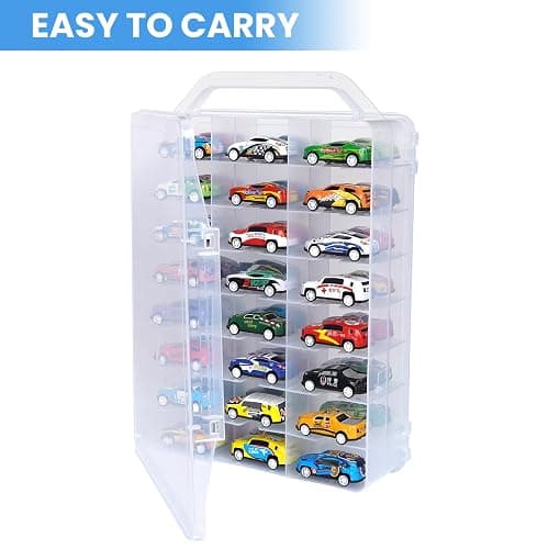Chfeirno Portable Storage Case for Hot Wheels, Matchbox Cars Double Sided Storage Box with Handle, Clear Organizer Box for 48 Toy Cars, Easy Carry Container Compatible with Diecast Toy Car, Case Only thumbnail 4
