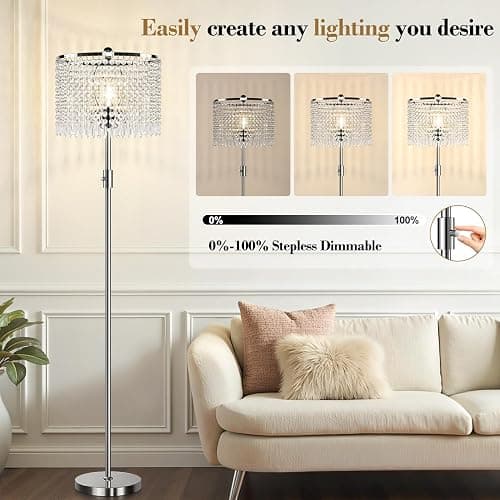 Yemela 【Upgraded】 Dimmable Crystal Floor Lamps for Living Room, 1000LM LED Bulb Included, Standing Lamp with Knob Switch, Tall Silver Modern Floor Lamp for Bedroom Nursery Office Reading thumbnail 3