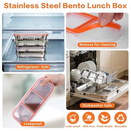 YJSLICT 4 Pack Stainless Steel Snack Containers with Lids, 3-Compartments Reusable Lunch Box for Adults, Food Storage Containers Divided Meal Prep Box for Home, Work, Travel thumbnail 5