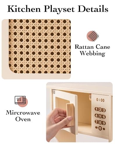ROBUD Kids Kitchen Playset, Mocha Montessori Wooden Play Kitchen with Ice Dispenser, Pretend Toddlers Kitchen Toy with Accessories, Baby Gift for Ages 3 4 5 6 7 8 thumbnail 4