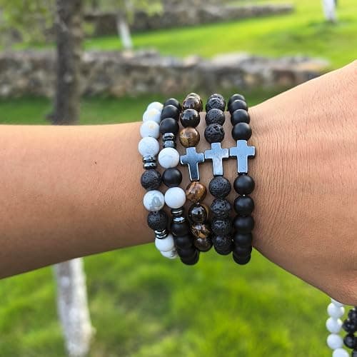 Crgwxzl Cross Bead Bracelet for Men Women,8mm Tiger Eye, Lava Rock, Black Obsidian Healing Crystal Beaded Bracelets,Natural Protection Stone Bracelets Jewelry Gifts for Men Women thumbnail 5