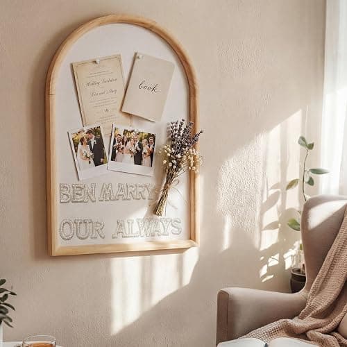 BrightRow Arch Bulletin Board with Pin Linen Wedding Display Framed Decorative 24x16 Hanging Wood Vision Cork Board for Office Wall School Home Decor, 70 Pearl Studs, 26 Letter Stickers(Natural) thumbnail 2