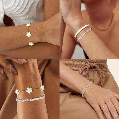 MOINSPIRE Gold Bracelets for Women, 18K Gold Plated Tennis Nail Clover love Bangle Bracelets Set Non Tarnish, Stainless Steel Trendy Stackable Bracelet Fashion Jewelry Accessories Gifts for Christmas thumbnail 3