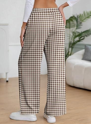 EVALESS Womens Gingham Pants High Waist Wide Leg Lounge Pants | Lightweight Comfy Fabric, Elastic Waist Side Pockets, Summer to Fall Travel Outfits thumbnail 3