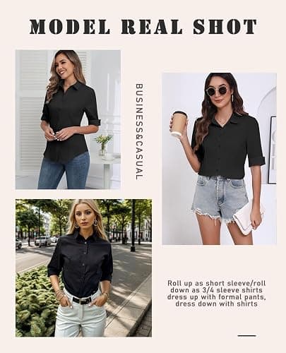 Zeagoo Womens Button Down Shirts 3/4 Sleeve Dress Blouses Business Casual Collared Oxford Tops thumbnail 2