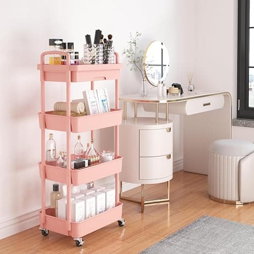 Calmootey 4-Tier Rolling Utility Cart with Drawer,Multifunctional Storage Organizer with Plastic Shelf & Metal Wheel,Storage Cart for Kitchen,Bathroom,Living Room,Office,Pink thumbnail 2