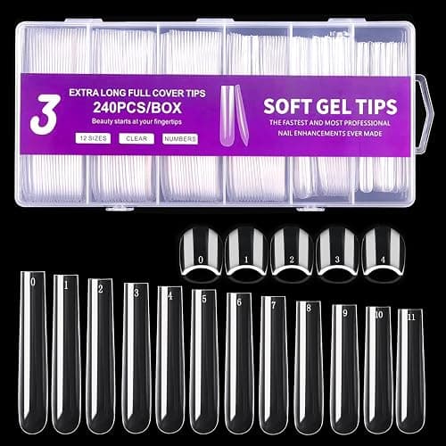 3XL Square Nail Tips, 240PCS Clear Full Cover Artificial False Nails Tips, Extra Long Square No C Curve Acrylic Nail Tips, XXXL Tapered Fake Nails for Salons Home DIY Nail Art 12 Sizes - Image 1