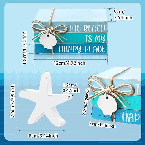 Pinkunn 4 Pcs Beach Tiered Tray Decor Table Centerpiece for Summer Starfish Coastal Rustic Wooden Block Blue and White Beach Nautical Decor Decorative Signs & Plaques for Home Shelf Mantel thumbnail 3