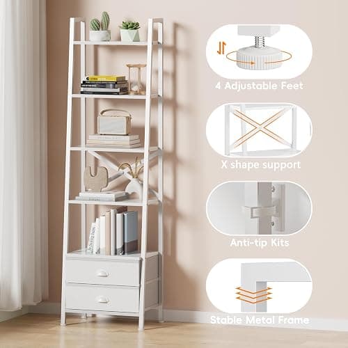 Furologee 5-Tier Ladder Shelf with 2 Drawers,Narrow Bookshelf Storage Shelves,Industrial Bookcase Freestanding Rack Units for Bedroom,Living Room,Bathroom,Home Office,Balcony,Wood Metal, White thumbnail 5