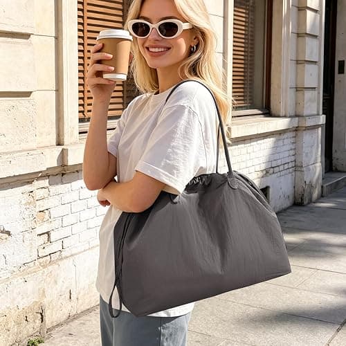 Cohawk Nylon Tote Bag for Women Versatile Drawstring Shoulder Bag Work Travel Tote Handbag with Easy Carry Handles thumbnail 2