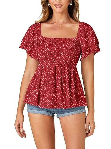 LYANER Women’s Square Neck Smocked Peplum Top Ruffle Short Sleeve Babydoll Shirred Blouse thumbnail 6