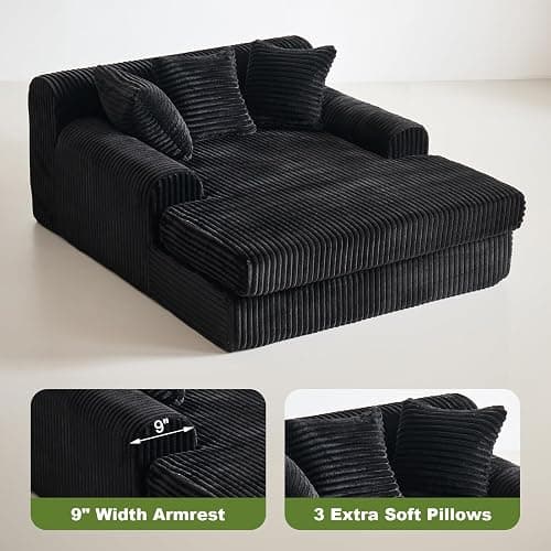 OOFAYJIA Oversized Chaise Lounge Chair Indoor, Corduroy Sofa Bed Sleeper with 3 Throw Pillows, No Assembly, Boneless Cloud Couch for Bedroom Living Room, Black thumbnail 4