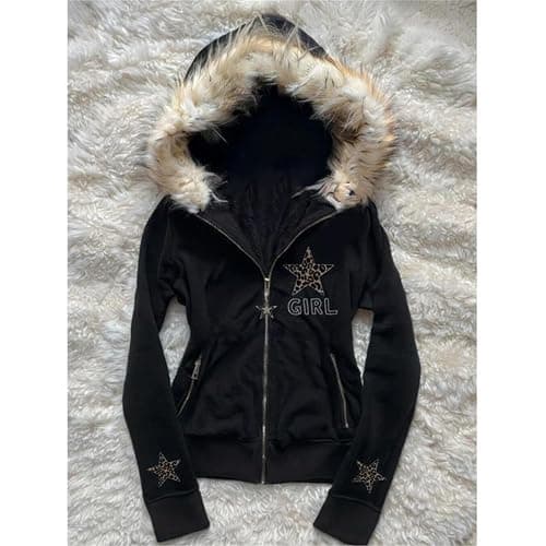 ORANDESIGNE Y2K Hoodie Damen Zip Up Winterjacke mit Fellkapuze Vintage Grunge Streetwear Kapuzenpullover mit Reißverschluss thumbnail 2