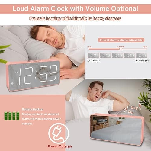 Peakeep Digital Clock, Alarm Clock Battery Backup Powered for Bedrooms - Mirror Face Large Numbers 6 Dimmers for Seniors, Super Loud for Heavy Sleepers (Pink) thumbnail 4