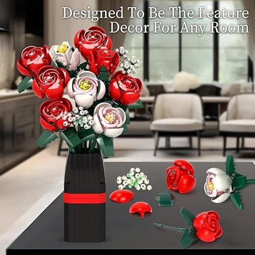 Roses Flower Bouquet Building Kit, 841PCS Red Roses Artificial Flowers with Vase, Botanical Collection Forever Rose Toy for Adults, Kids, DIY Gifts for Women, Her, Him Anniversaries thumbnail 6