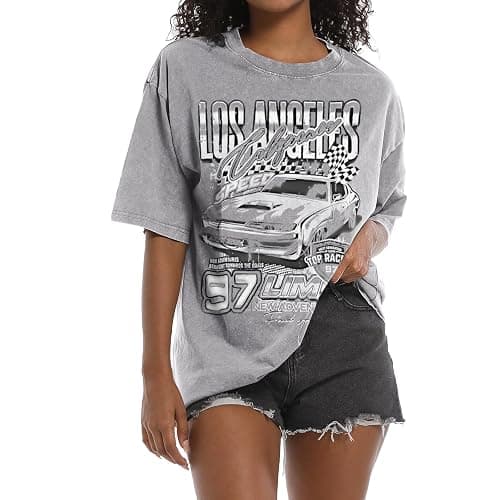 Pairxily Oversized Graphic Tees for Women Baggy Streetwear Preppy Shirts for Teens Race Car Checkered Flag Drop Shoulder Top - Image 1